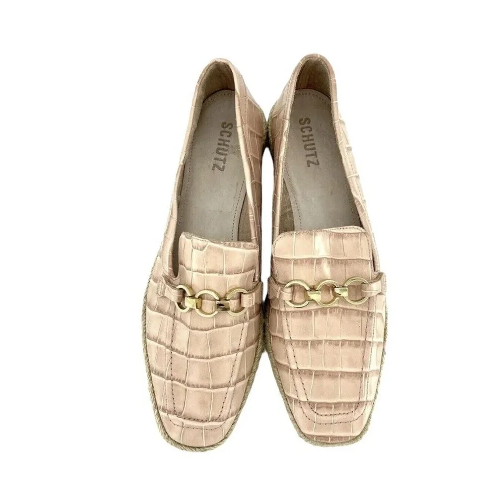 Schutz Women's Loafers Patty Crocodile Embossed Pink Leather Flats SZ 9 NEW